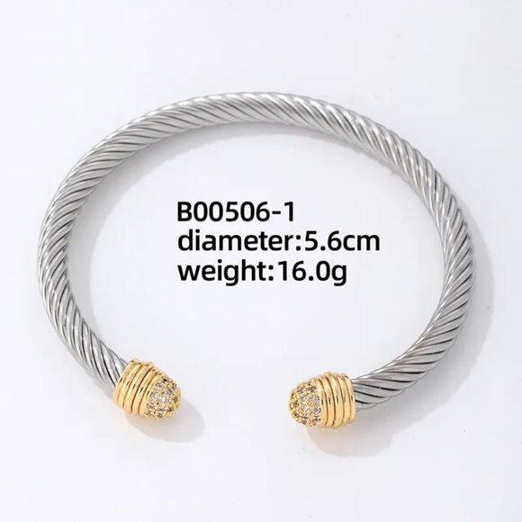 3/$35 Twist Silver Gold Stainless Steel Bangle Cuff Bracelet Cubic Zirconia - Picture 3 of 6